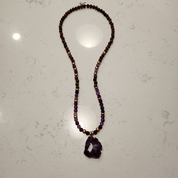 Purple & Gold Quart Necklace with Beads New - Picture 3 of 5